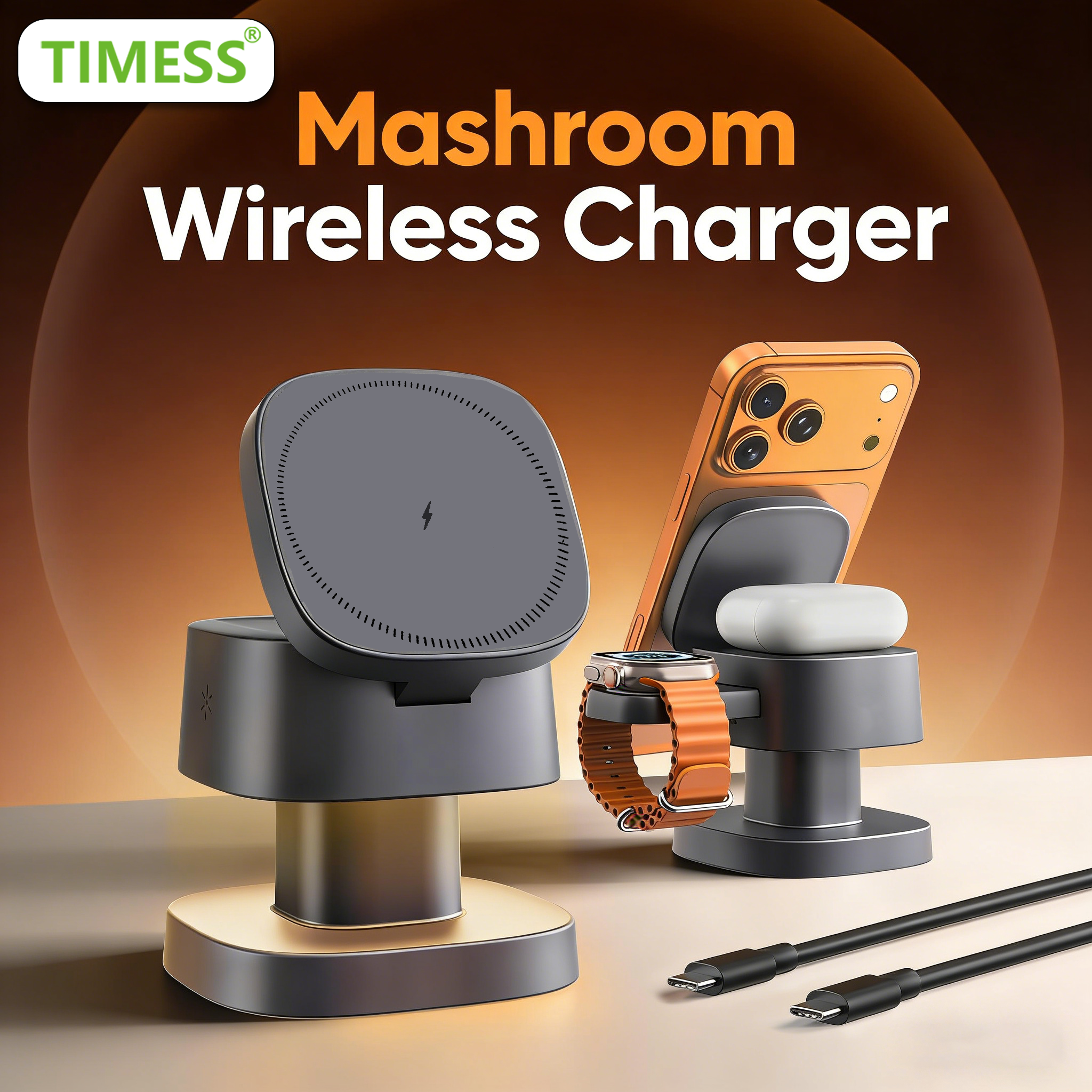 Wireless Charger 3 In 1 - TIMESS Night Light Mashroom Wireless Charger
